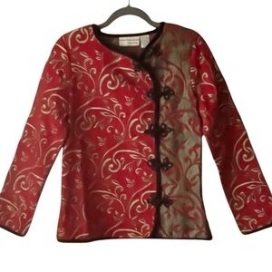 Vintage Carrie Allen women’s red gold, brocade, jacket. Oriental flare. Size S